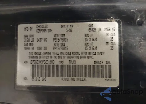 1993 Dodge Dakota из США, поврежденный, VIN 1B7GG23X9PS291188